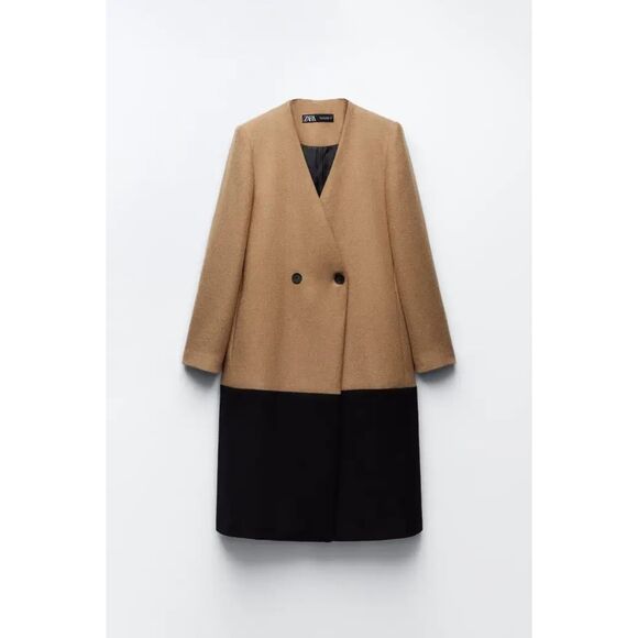 Camel Brown Black Zara Wool-Blend Double Breasted V-Neck Long Sleeve Coat (NWT) - Picture 11 of 11